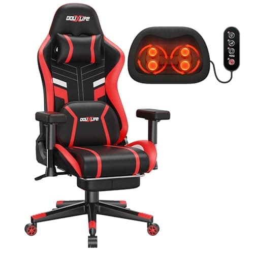 Douxlife 3D Kneading Massage Gaming Chair with Footrest, 400lbs Heavy Duty PC Computer Desk Chair for Adults, Adjustable 2D Armrests, Ergonomic 175° Recline & Optional Heat, Black&Red - Image 1