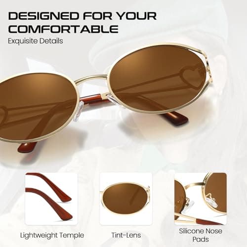 SODQW Retro Oval Sunglasses for Women Trendy Metal Frame Round Designer Sun Glasses with Heart Accents UV Protection - Thumbnail 3