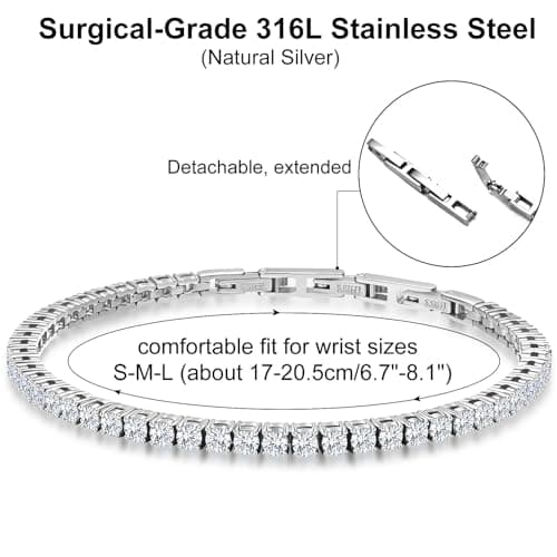 Tennis Bracelet for Women Men, 14K Gold Plated Round 3mm AAAA+ Cubic Zirconia CZ Dainty Classic Adjustable Stainless Steel Bracelets Festival Wedding Jewelry Gift (Steel, CZ 3mm) - Thumbnail 5