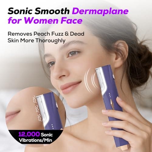 COPCOP Sonic Dermaplane Razor for Women Face, Painless Facial Exfoliation & Peach Fuzz Hair Removal Tool with 10 Upgraded Micro-Mesh Blades, Gentle Dermaplaning, Gift for Mom (Purple) - Thumbnail 2
