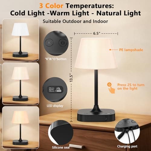 IMAGOA Outdoor Table Lamp - 8000mAh Cordless Rechargeable Battery,Dimmable LED Display Touch Lamp for Camping Patio and Bedroom (Black) - Thumbnail 2