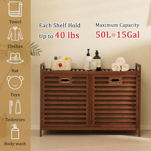 Baveke Bamboo Tilt Out Laundry Hamper with Shelves, Hidden Laundry Hampers with 2 Removable Bags, Pull Out Laundry Hamper Cabinet, Bathroom Storage Shelf for Laundry Room, FSC-Certified, Brown - Thumbnail 3