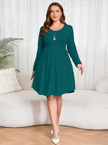 AusLook Women's Plus Size Long Sleeve Midi Dress Crewneck Casual Empire Waist Loose Flowy Dresses A-Line Boho Party 2025 Fall Winter Long Indigo Blue 2X Dress Vacation Outfit with Pockets - Thumbnail 5
