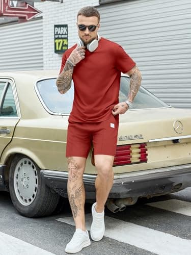 JEMLDL Lounge Sets for Men 2 Piece Summer Casual Outfits Short Sleeve Shirt & Shorts Matching Set Sweat Suit Vacation Clothing Red XL - Thumbnail 6