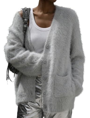 Women's Fuzzy Cardigan V Neck Long Sleeve Button Down Slouchy Furry Sweaters Chunky Knit Mohair Sweater Coat(Grey-M) - Image 1