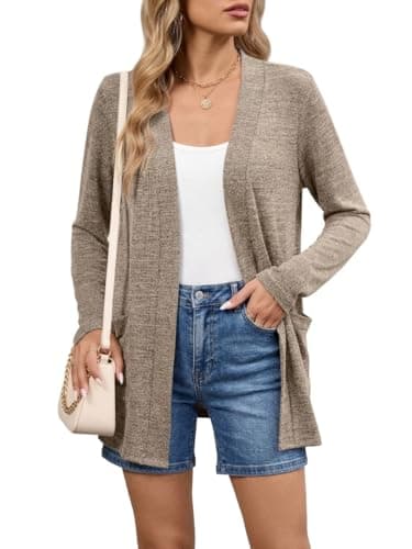 DEARCASE Cardigan Sweaters for Women Trendy Light Khaki Medium Long Sleeve V Neck Open Front Ladies Cardigans Lightweight Womens Sweater Thin Bolero Soft Spring Fall Tops Knitted Coat with Pockets - Image 1