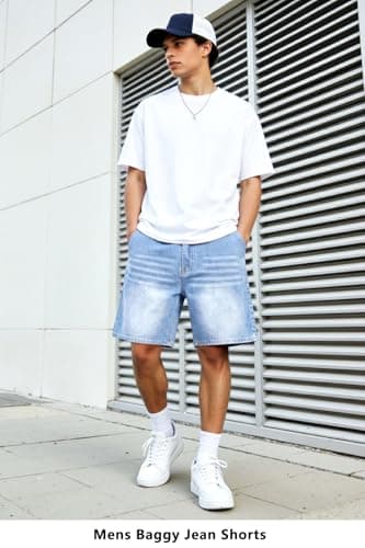 Heyfanee Mens Baggy Jean Shorts, Jorts Men Casual Denim Shorts for Men 9 Inch Inseam Washed Blue 38 - Thumbnail 3