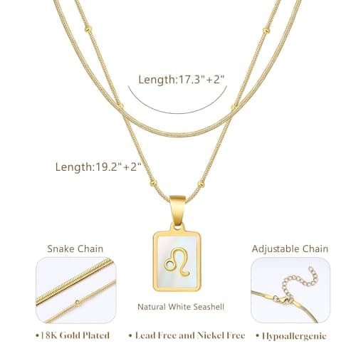 LETFLY Leo Zodiac Necklace for Women, 18K Gold Plated Natural Shell Astrology Pendant, Double Layered Snake Chain Personalized Celestial Jewelry, Birthday Gifts for Women - Thumbnail 4