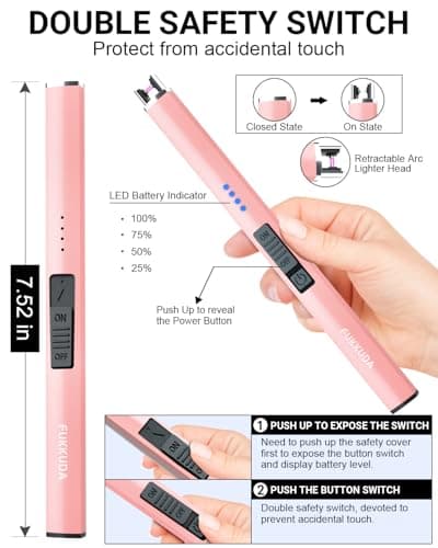 FUKKUDA Electric Candle Lighter with Safety Switch - USB Rechargeable Windproof & Flameless Plasma Arc Lighter for Easter Basket Stuffers (Rose Gold) - Thumbnail 5