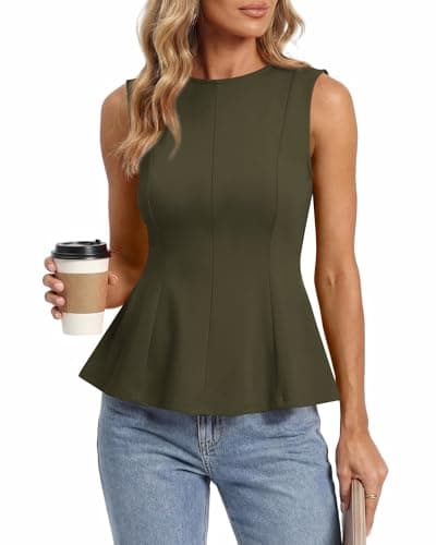 BTFBM Womens Summer Tops 2026 Business Casual Outfits Crew Neck Sleeveless Shirts Slim Fit Peplum Tank Top(Dark Army Green, Small) - Image 1