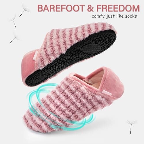 ATHMILE House Slippers for Women Men Indoor Barefoot Slippers Socks Furry Slip on House Shoes Cozy Comfy for Home Bedroom Travel Yoga Women 8-8.5 Pink Striped - Thumbnail 3