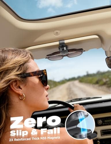 Sunglass Holder for Car, Chfeila Upgrade 360° Rotating & One-Hand Operation Magnetic Glasses Clip, Leather Sun Eyeglass Visor Organizer, Scratch-Free Eyewear Hanger for Car Accessories Gadgets - Black - Thumbnail 5