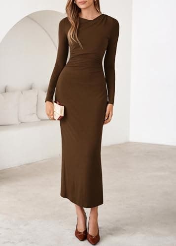 Lazysmile Women's Long Sleeve Asymmetrical Neck Bodycon Maxi Dress Back Slit Ruched Party Cocktail Wedding Guest Dressees Brown - Thumbnail 6