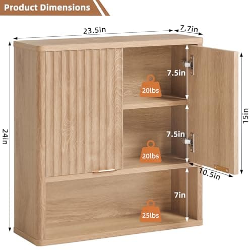 LEYAOYAO Fluted Bathroom Wall Cabinet, Wall-Mounted Medicine Cabinet with Adjustable Shelf & Doors, Farmhouse Floating Over the Toilet Storage Cabinets for Laundry Room, Kitchen, Living Room (Natural) - Thumbnail 2