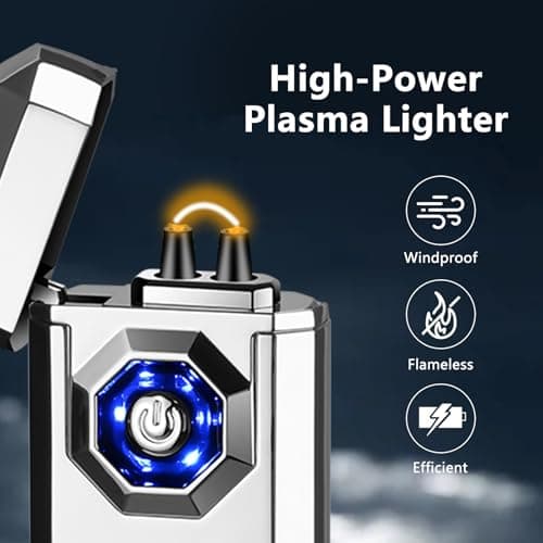 BABOBIU High-Power Arc Lighter - USB Rechargeable Windproof, Zinc Alloy Body with Battery & Ignition Display, Tactical EDC Gear for Home Use, Camping, Candle Lighting (Silver) - Thumbnail 2