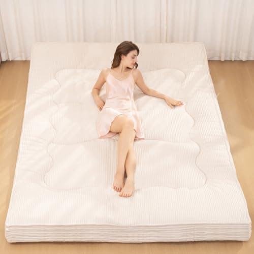 NLDD Futon Mattress Full Size, 4" Thicken Japanese Futon Mattress Sleeping Pad, Corduroy Foldable Floor Mattress, Roll Up Tatami Mat for Adults Guest Room Bedroom, Beige - Image 1