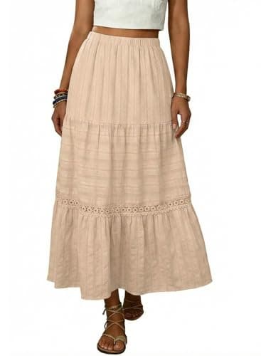 BLENCOT Women's Boho Maxi Skirt Crochet Lace A line Tiered Long Cotton Skirts for Women Spring Summer Western Outfits Apricot 2X-Large - Image 1