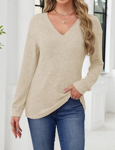 JUSTFASHIONNOW Women's Long Sleeve Tops V Neck Winter Shirts Boutique Tops for Women Trendy Blouses Dressy Casual T Shirts Fashion Winter Clothing (Apricot,Medium) - Thumbnail 3