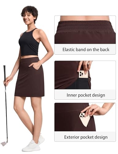 THE GYM PEOPLE Women's Golf Skorts Modest Knee Length Athletic Tennis Skirts Built-in Shorts with 4 Pockets Brown - Thumbnail 3