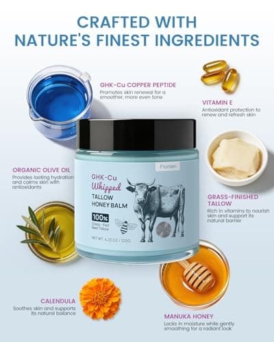 Fioraen 25,000ppm GHK-Cu Copper Peptides Whipped Beef Tallow for Skin, Grass Fed Tallow and Honey Balm with Manuka Honey & Vitamin E, High Potency Anti Aging Face Moisturizer for Firming & Repair 4oz - Thumbnail 4