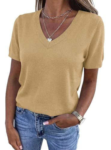 PRETTYGARDEN Womens Short Sleeve Sweaters V Neck Business Casual Tops Lightweight Sweater Shirts 2026 Summer Spring Outfits (Light Khaki,Large) - Image 1