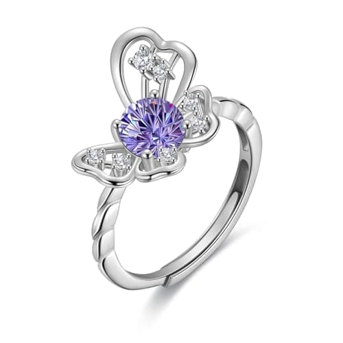 Aurora Tears Birthstone Butterfly Opening Ring - 925 Sterling Silver Firework-Cut December Tanzanite Adjustable Engagement Promise Ring Birthday Jewelry Gift for Women Wife Mom Daughter DR0165D