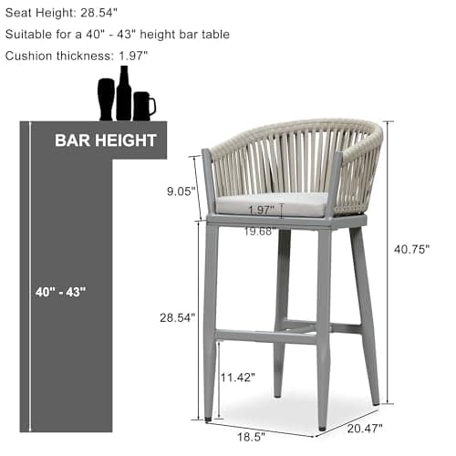 PURPLE LEAF Outdoor Bar Height Stools Set of 2 Patio Metal Modern Wicker Bar Chairs Woven Aluminum Barstools with Back and Cushions for Balcony Garden Indoor Kitchen Poolside Light Gray - Thumbnail 2