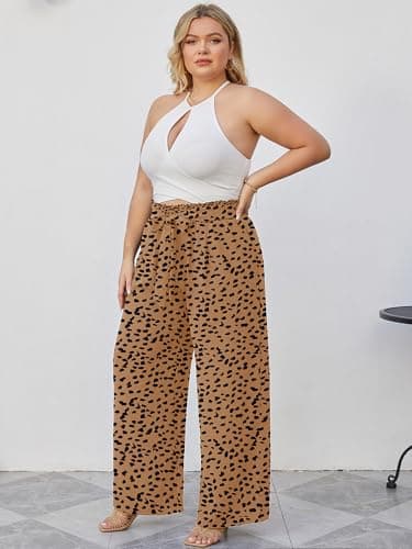 AusLook Plus Size Wide Leg Pants for Women High Waist Elastic Drawstring Palazzo Casual Lounge Beach Travel Vacation Resort Almond Leopard 1X Pants with Pockets Flowy Summer Comfy Outfit - Thumbnail 4