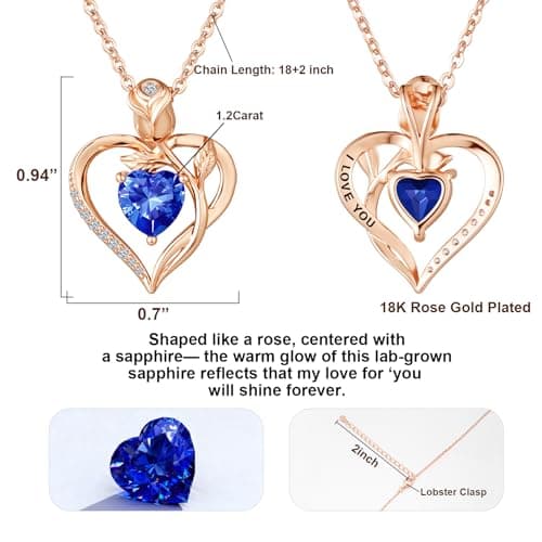 JACUPO Heart Birthstone Rose Gold Necklace for Women(Rose Gold-09-Sapphire) - Thumbnail 2