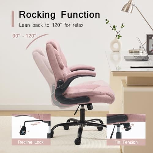 TOPOFIS Fabric Padded Home Office Chair Cloth Office Chair Comfortable Desk Chairs with Wheels Flip-up Arm Rest, Mid Back Small Computer Chair, Adjustable Height, Swivel, 250lb Capacity, Pink - Thumbnail 4
