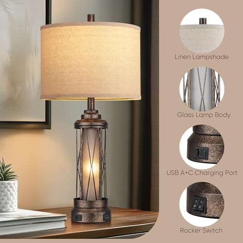 Qimh Farmhouse Table Lamps for Living Room, Rustic Nightstand Lamp for Bedroom with USB A+C Charging Ports, Frosted Glass Bedside Lamp with Night Light for Entryway End Table, 4 Bulbs Included, Bronze - Thumbnail 6