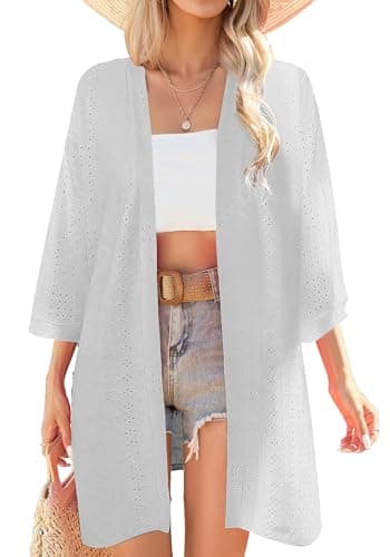 Dimur Womens Tops Summer 3/4 Sleeve Open Front Cardigan Lightweight Beach Coverups for Women 2026 Netted Knit Kimonos White X-Large - Image 1