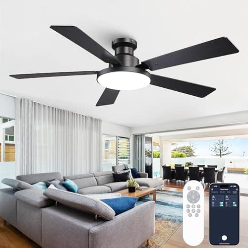 Vaczon 52 Inch Low Profile Black Ceiling Fan with Lights, 12.2'' Large 3CCT LED Light Panel, APP & Remote, 6-Speed Quiet Reversible DC Motor, Modern Flush Mount Ceiling Fan for Bedroom Living Room - Image 1