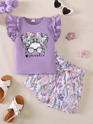 AMAWMW Girl's Outfits Ruffle Sleeve Shirt Top High Waist Paper Bag Shorts with Pockets Cute Summer Clothes, Purple, 11-12 Years - Thumbnail 6
