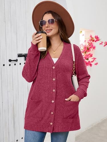 AusLook Plus Size Women Long Sleeve Cardigan 1X Jujube Red Open Front Button Down Lightweight Casual Sweater Cover Ups Shrugs Shawls and Wraps Kimono Jacket Coat with Pockets - Thumbnail 3