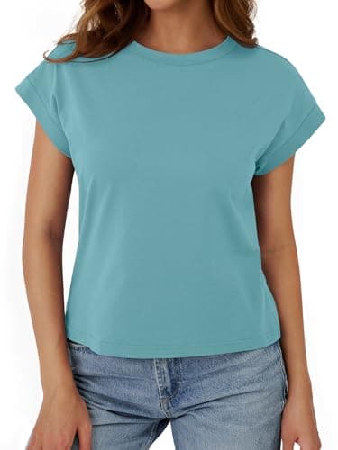 Teal Tops for Women Crop Tops Cap Sleeve T Shirt Cotton Crewneck T Shirts for Women Loose Fit 2026 - Thumbnail 4