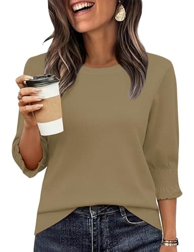 Totatuit Sweaters for Women 3/4 Sleeve Ladies Elegant Crew Neck Lightweight Knit Sweater Casual Business Tops Camel Large - Image 1