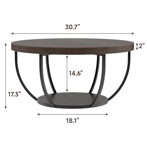 TEROL Round Coffee Table, 31" Coffee Table for Living Room Decor, 2-Tier Storage with Steel Frame, Space-Saving Wood Center Table, Modern Style Easy Assembly (Dark Coffee) - Thumbnail 2