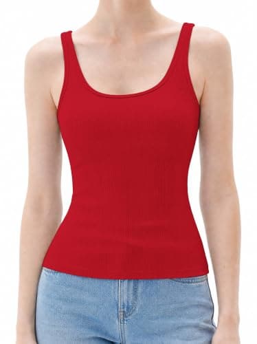 Womens Ribbed Tank Top Built in Bra Sleeveless Scoop Neck Cami Tops Basic Crop Going Out Slim Fitted Y2k Cami Shirt Clothes (Red,XS)