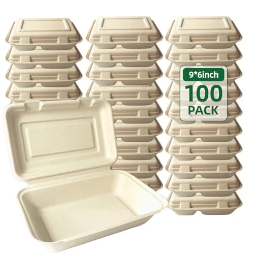 Compostable food to go containers with lids 9x8 Inch Takeout Lunch Box Containers with Lid To Go Take Out Clamshell for Food, Disposable Eco-Friendly Biodegradable bamboo, PFAS-Free, Brown (100) - Image 1