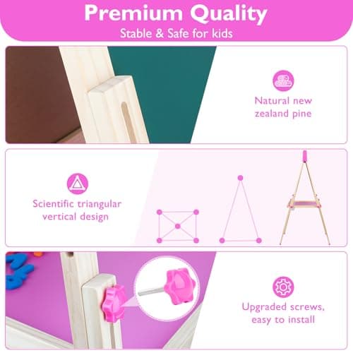 Adjustable Double-Sided Magnetic Wooden Easel for Kids with Paper Roll - Thumbnail 6