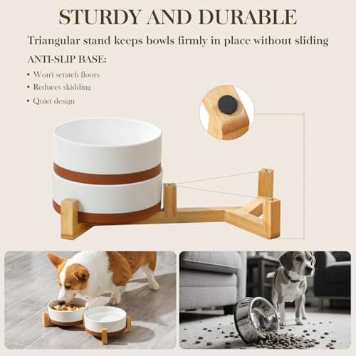 MALACASA Ceramic Dog Bowls Set with Wood Stand, 3.5 Cups Pet Bowls for Medium Dogs with Non-Slip Base, Large Puppies, Cats, Retrievers, ect.Pet Food & Water Basic Bowls Set, Weighted Glaze Matte.34 OZ - Thumbnail 3
