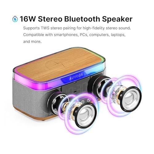 AUVODA S300 16W Stereo Bluetooth Speaker with 15W Fast Wireless Charging, 13-Color Night Light, Alarm, White Noise, FM Radio, Portable, TWS, BT5.3, for PC, Smartphone, Home, Office & Bedroom (Wood) - Thumbnail 3