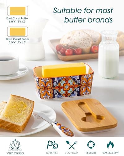 vancasso SIMI Butter Dish with Lid, 6.5" Large Butter Dish for Countertop, Bohemian Ceramic Butter Keeper Container with Knife and Bamboo Lid, Butter Holder for Counter, Amber Elegance - Thumbnail 4