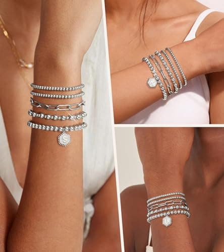 adoyi Silver Beaded Bracelets for Women, 14K Gold Plated Jewelry Bracelet Stack Dainty Initial Stackable Stretch Bead Ball Letter N Strand Bracelet Set Adjustable Gift for Women - Thumbnail 4