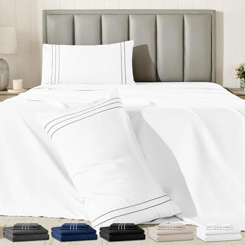 Baskbed Full Size 4 Piece Sheet Set with Embroidered Pillowcases, Ultra-Soft Microfiber Comfy Breathable & Cooling Bed Sheets, Deep Pocket Fitted Sheets and Hotel Luxury Cozy Flat Sheets, White - Image 1