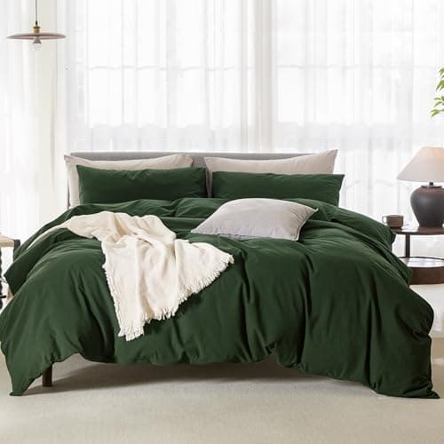 ELIMMO Cooling Duvet Cover Set 3 Pieces-100% Washed Cotton Linen Like Textured Ultra Soft Cozy Bedding with Zipper Closure,Includes 1 Duvet Cover & 2 Pillow Shams(Forest Green,Oversized King 120"x98") - Image 1