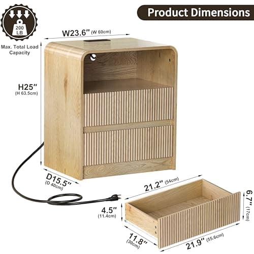 Modern Fluted Nightstand with Charging Station, 25 Inch Tall Bedside Table with 2 Drawers | Fluted Wood Design, USB Ports & AC Outlets | Sturdy Wooden End Table for Bedroom, Living Room (Nature Wood) - Thumbnail 2