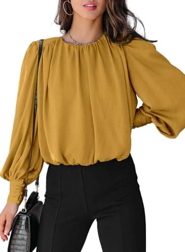 Dokotoo Womens Juniors Spring Tops and Blouses for Women 2026 Summer Trendy T-Shirts Padded Shoulder Long Sleeve Tunic Tops Loose Work Business Dressy Tee Shirts Yellow Medium - Image 1