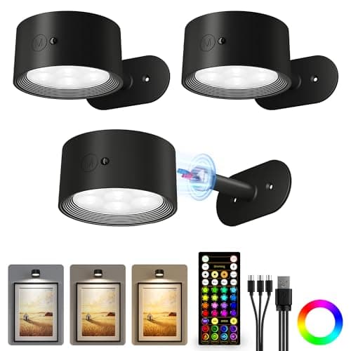 AMETHEUS Picture Lights for Wall, 2000mAh Rechargeable Magnetic Art Lights with 3 Color Temps & RGB, Remote Dimmable Battery Operated Wall Light for Bedroom, Living Room, Gallery (Black, 3 Pack) - Image 1